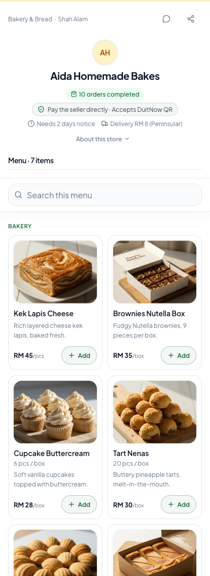 The Kedaiflow customer order page.