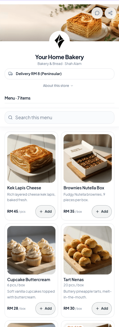 A demo shop's order page: cover photo, shop name, delivery terms, and a menu of cakes with photos and prices