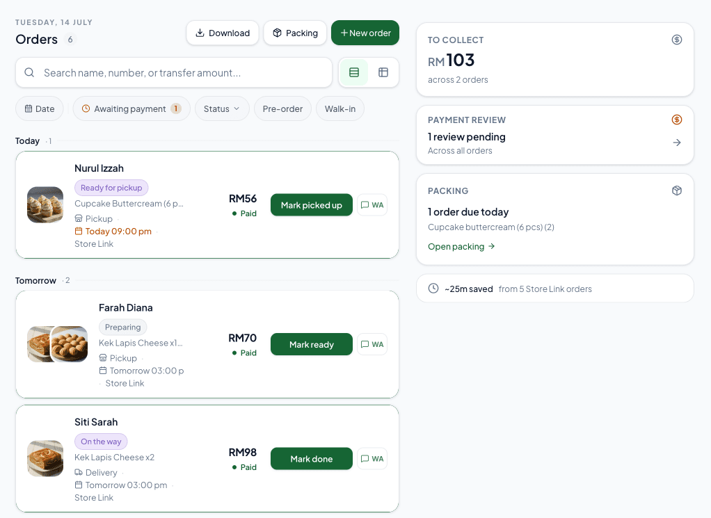 A controlled demo of the Kedaiflow merchant workspace showing orders and next actions.