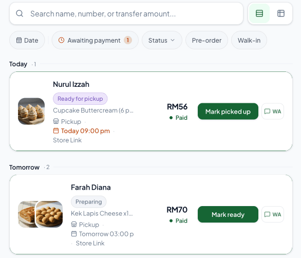 The merchant order queue showing each order's next action.