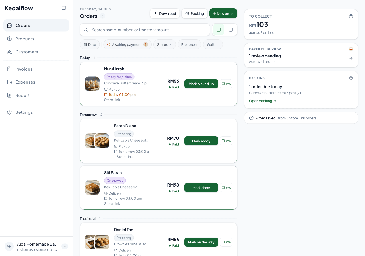 A controlled demo of the Kedaiflow merchant orders dashboard.