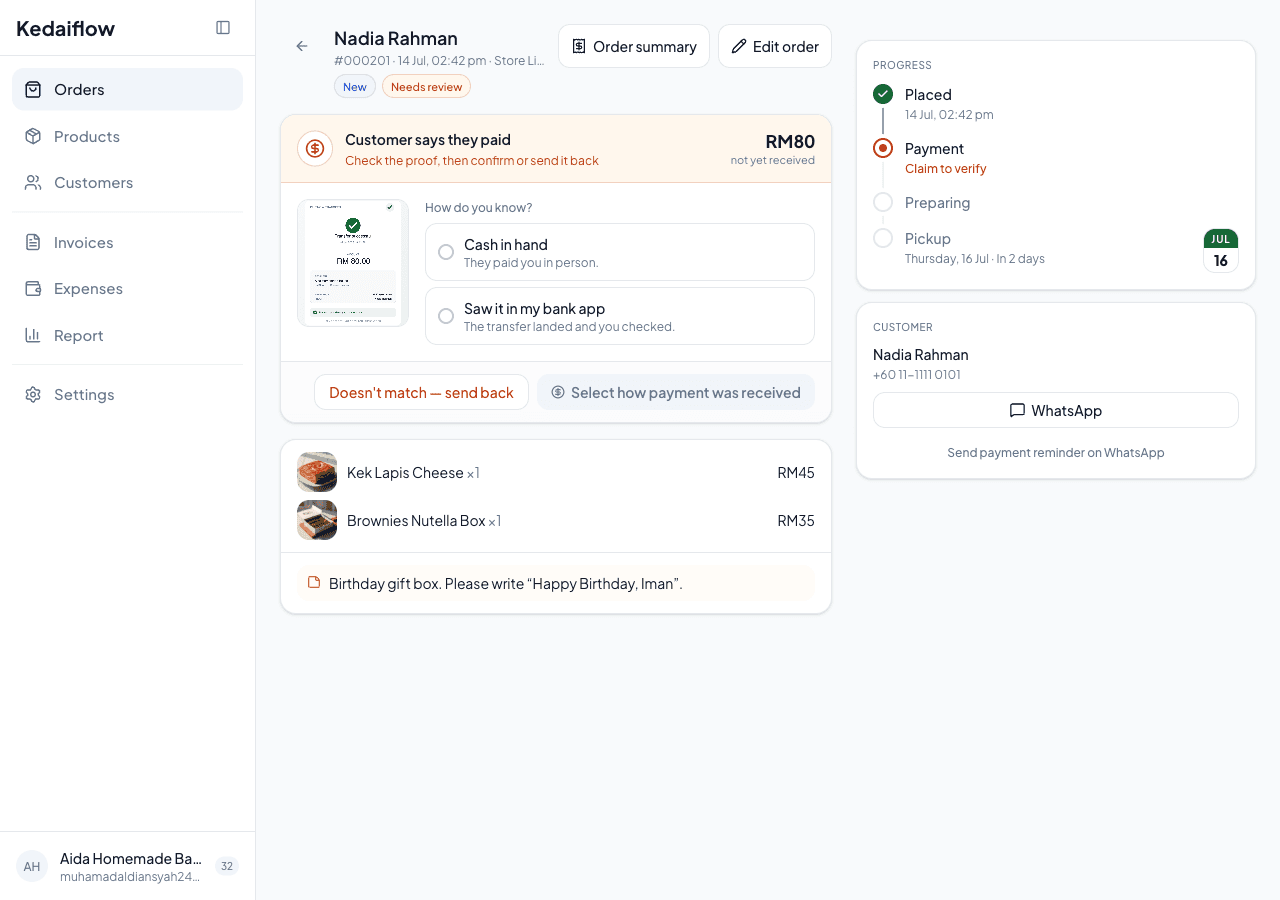 A controlled demo of the Kedaiflow payment confirmation view.