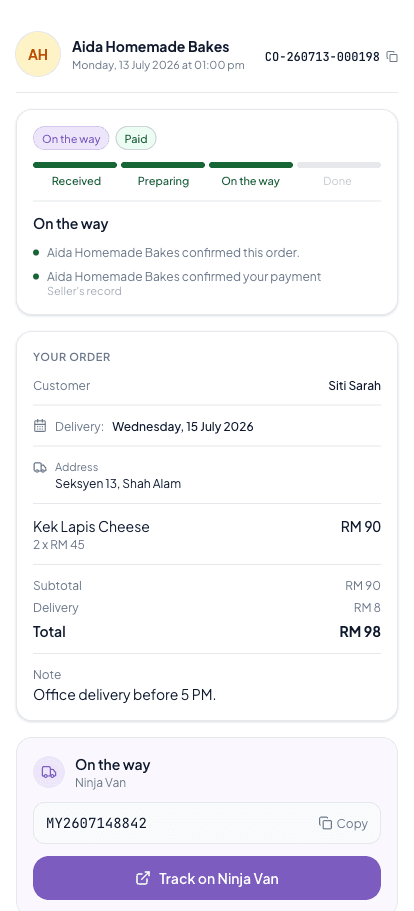 A controlled demo of the private Kedaiflow customer receipt and status page.