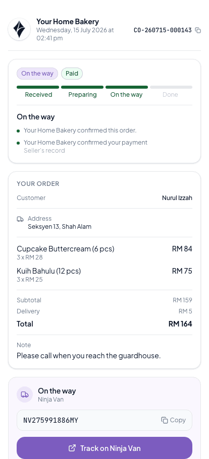 The customer's receipt link: on the way, paid, the shop confirmed the order and the payment, with the order lines and a courier tracking button