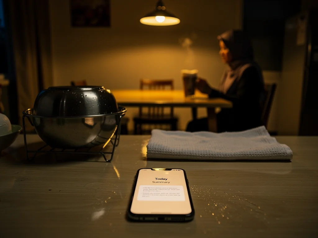 A clean wooden counter at dusk with a phone face-up showing a soft summary card glow; a hijab-wearing woman silhouetted at a dining table with teh tarik in the warm tungsten background.