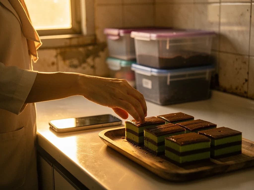 A Malaysian home seller arranges freshly baked kuih lapis on a wooden tray in a sunlit kitchen, smartphone resting on the counter.