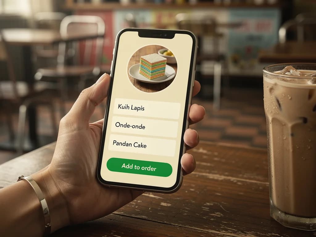 A customer in a kopitiam holds a smartphone showing a clean shop page with a kuih lapis profile photo and a green Add to order button.